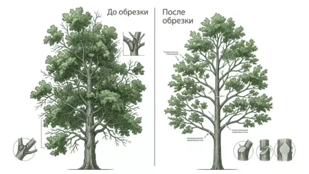 Высокое дерево до и после обрезки